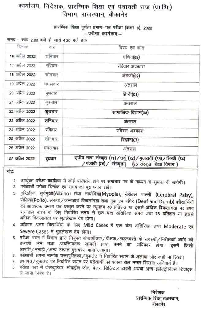 Rajasthan 8th Class Time Table 2023 - rbse 8th class time table 2023