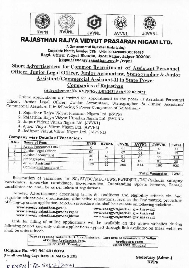 राजस्थान बिजली विभाग 2370 पदों पर भर्ती 2021 : rajasthan vidyut vibhag vacancy 2021 Latest Update 2 राजस्थान बिजली विभाग 1295 पदों पर भर्ती 2021 : rajasthan vidyut vibhag vacancy 2021 Latest Update
