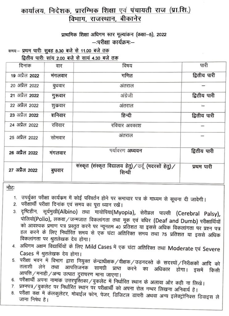 Rajasthan Board 5th Time Table 2024 DIET Bikaner
